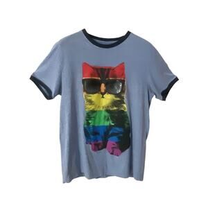 Well Worn Light & Dark Blue Multi Color Cool Sunglass Wearing Cat T-Shirt Size L